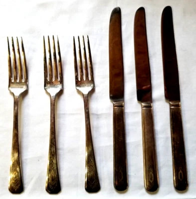 Juego de 3 tenedores de cena cuchillos de mantequilla Nuart Art Deco 1932 cubiertos Rogers Keystone Foto 1 de 4