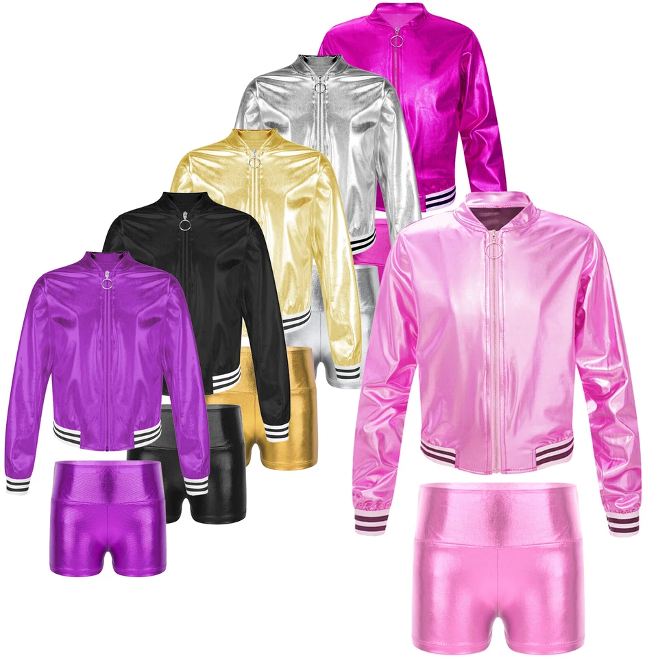 Kids Girls Tracksuit 2pcs Activewear Exercise Training Sweatsuit Shiny Metallic - Image 1 of 3