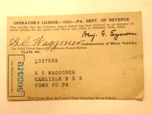 1931 Pennsylvania Dept. of Highways paper Driver's / Operator's license - Picture 1 of 5