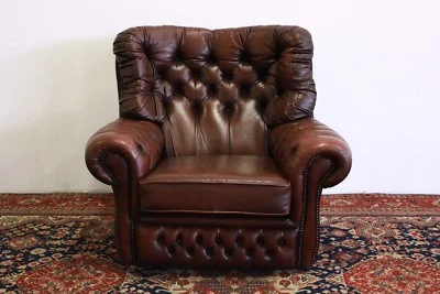 Poltrona chesterfield chester bergere alta inglese pelle marrone brown original - Immagine 1 di 4