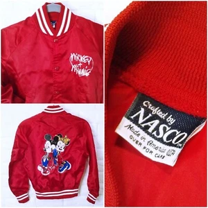 Vintage 80s Nasco Bomber Jacket Youth(10/12) Walt Disney Mickey Minnie Red Satin - Picture 1 of 24