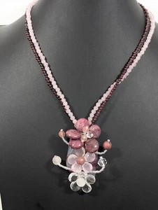 Boho Beachy Vacation Pink Plum Purple Stone Glass Flower Chunky Bead Neckalce - Picture 1 of 13