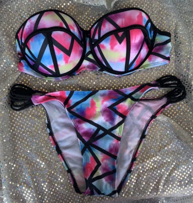 Tie Dye Rainbow Black Lined Strapless Bikini Summer set Top & Bottom - Image 1 of 3