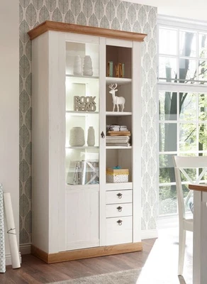 Landhaus Vitrine Standvitrine Stauraumvitrine 102cm pinie weiß wotan eiche - Bild 1 von 4