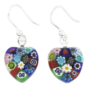 Pendientes de corazón Millefiori de cristal de Murano de cristal de Venecia gancho de plata de ley .925 - Imagen 1 de 6