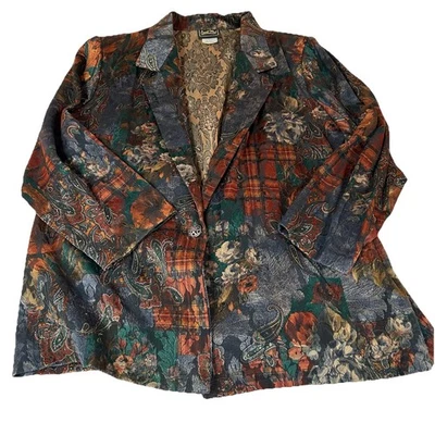 Blazer Vintage Feminino Tamanho 16 Estranho Artístico Funky Floral Marrom Verde Azul #3545 - Imagem 1 de 4