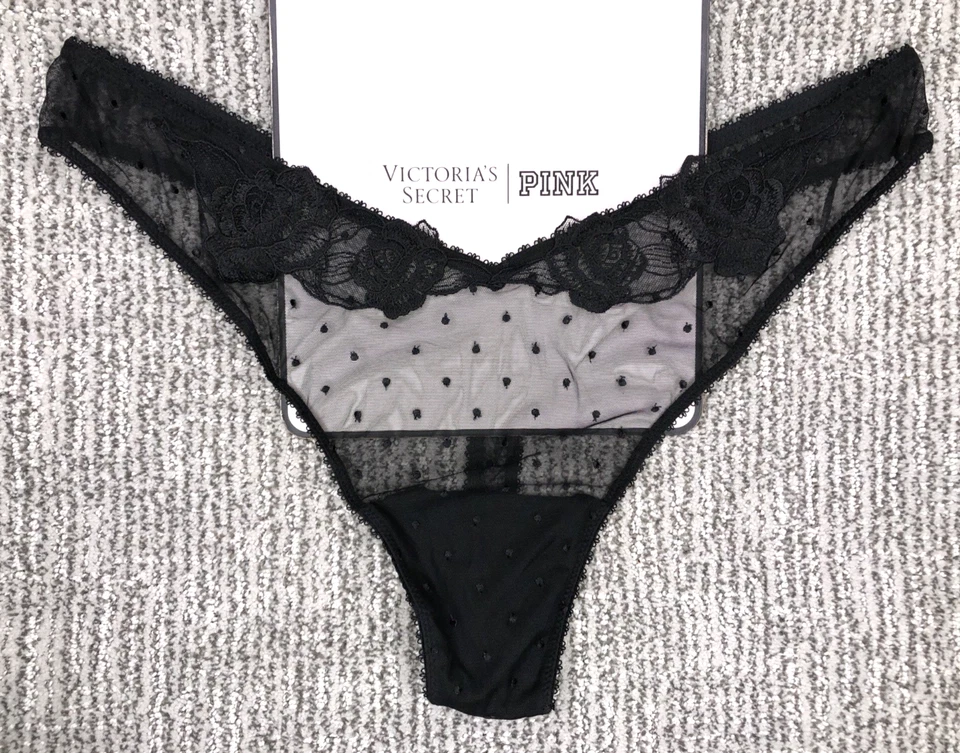 Victoria's Secret Very Sexy NWT XL Black High Leg Thong Panty Sheer Polka Dot - Image 1 of 4