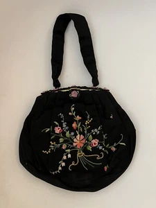 Vintage ( ?) Bolso de mano pequeño negro multicolor bordado floral - Imagen 1 de 6