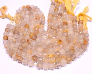 9 Inch Natural Golden Rutilated Quartz Gemstone Faceted Round Beads Strip - Picture 1 of 8