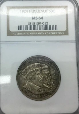 1924  Huguenot  Commemorative MS64 Toned   Choice  Original Coin NGC Graded - Image 1 of 3