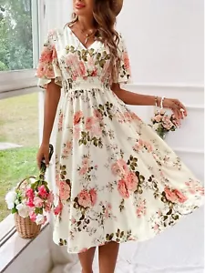 Vintage Floral Print Midi Dress – Elegant Boho Summer Dress with Flutter Sleeves - Picture 1 of 7
