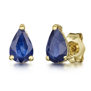 9ct Pendientes Oro Amarillo Forma de Pera Zafiro Azul Engaste Set 6x4mm - Imagen 1 de 3