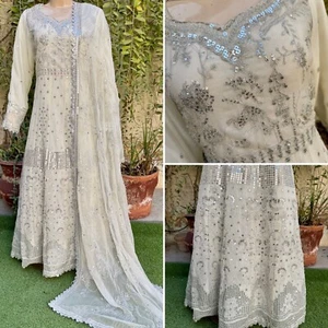 Pakistani Egg Shell White Long Maxi Style Embroidered Sequins Chiffon Dress,L - Picture 1 of 10