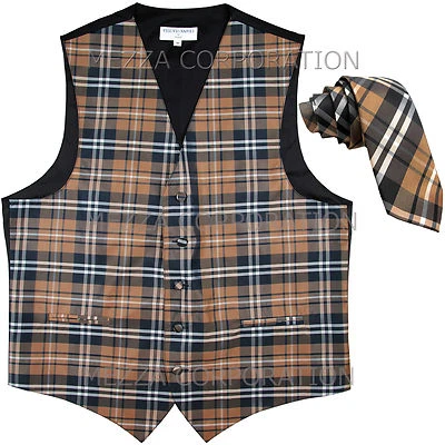 New formal Men's plaids checks Tuxedo Vest_2.5" Skinny Slim Necktie Brown party - Image 1 of 4