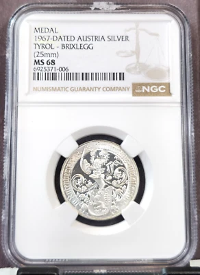 1967 AUSTRIA SILVER TYROL BRIXLEGG ANNIV NGC MS 68 EXTREMELY RARE TOP POP 1 - Image 1 of 4