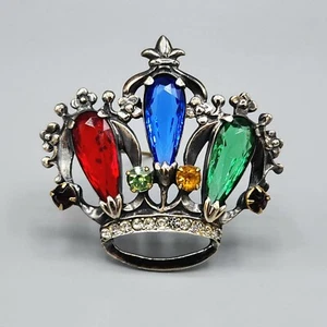 Vintage Retro Sterling Silver Red Green Blue Glass Crown Brooch 5.6g BOOK PIECE - Picture 1 of 11