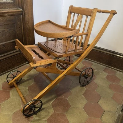Antique Wooden Victorian Child's High Chair Stroller Carriage Combination - Image 1 of 4