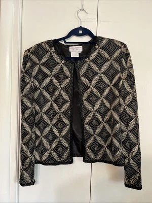 Papell Boutique Women's XL Jacket 100% Silk Beaded Black Gold Tan Silver Diamond - Image 1 of 4