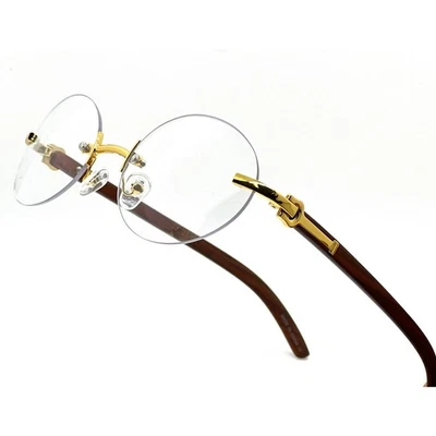 Rimless Oval Eyeglasses Gold Accents Wood Grain Arms Men's Glasses Hip Hop Gafas - Image 1 of 4