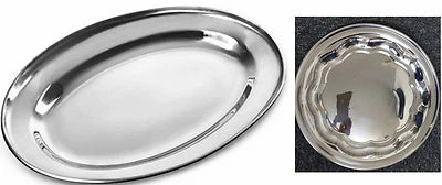 STAINLESS STEEL OVAL/ROUND TRAYS DISH MEAT PLATTER ROASTED MEAT SALAD   - Image 1 of 3