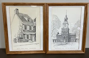 2 Ink Drawing Prints Betsy Ross House Philadelphia C.M.Goff ‘69 Framed Matted - Picture 1 of 10