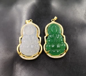 Green White Chalcedony Agate Cubic Zirconia Guanyin Kwan-yin Pendant Necklace - Picture 1 of 13