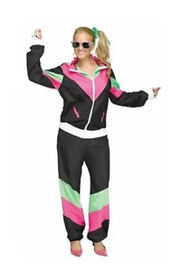 80's Track Suit Womens Costume Black Tracksuit Jacket Pants Adult Shell Retro 2X - Picture 1 of 2