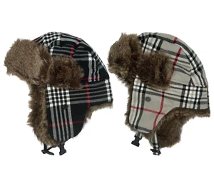 Plaid Wool/Acrylic Aviator Hat Faux Fur Winter Ski Trooper Trapper Ear Flap Cap - Picture 1 of 15