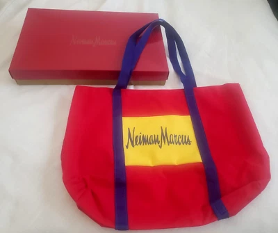 NUEVO Bolso de Mano de Compras NEIMAN MARCUS EE. UU. Forrado Rojo Azul Amarillo Lona Años 80/90 Foto 1 de 4
