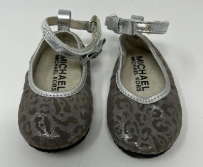 Michael Kors Baby Grace Callia Silver Leopard Ankle Strap Ballet Flats Shoes 3  - Image 1 of 4