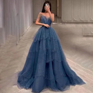 A-line Sequins Evening Dresses Elegant Dresses Beaded Ruffle Prom Party Dresses - Picture 1 of 10