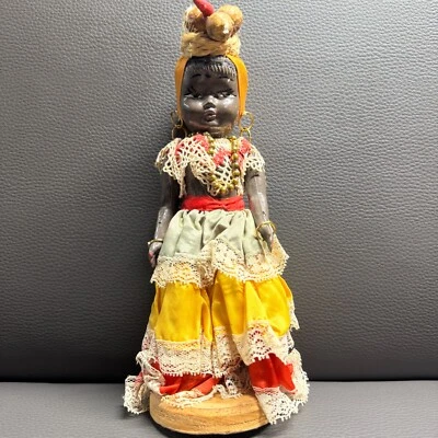Vintage Caribbean Doll On Stand 9" Layered Tropical Dress Coconuts Earrings - Image 1 of 4