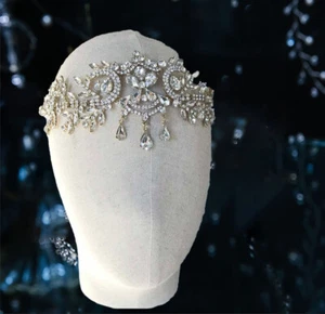 Crystal Forehead Headpiece Bridal Headpiece 1920s Flapper Gatsby headband - Picture 1 of 14