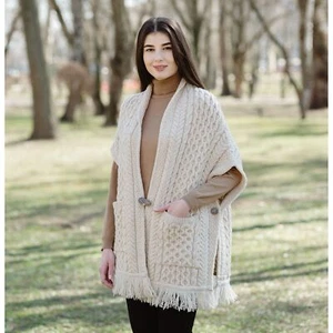 SAOL Women's Shawl Irish Cape 100% Merino Wool Aran Knit Cardigan with Pockets - Picture 1 of 39