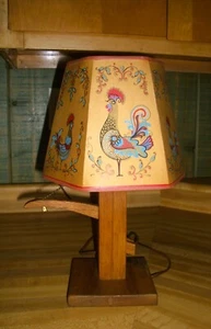 Vtg Hand Made Wood Hand Water Pump Table Lamp Rustic With Paper Rooster Shade - Picture 1 of 4