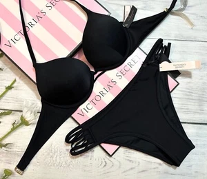 Bikini Victoria's Secret Swim Bombshell +2 tazas push-up con tiras negro - Imagen 1 de 6