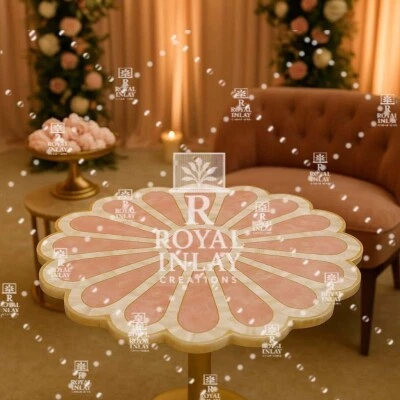18" Rose Quartz Flower Table Inlay | Luxury  – Handmade Gemstone Center Table - Image 1 of 4