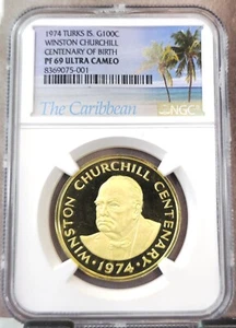 1974 TURKS IS GOLD 100 CROWNS WINSTON CHURCHILL NGC PF 69 ULTRA CAMEO TOP POP - Picture 1 of 3