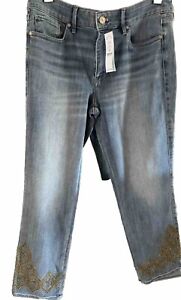WHBM Neu mit Etikett schmale kurze mittelgroße Jeans mit Saum Verzierungen in Cayman antik, Größe 8R