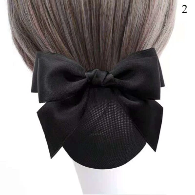 Women Satin Bow Hair Net Bun Snood With Bowknot Hair Cover Barrette Hair Clip - Image 1 of 4