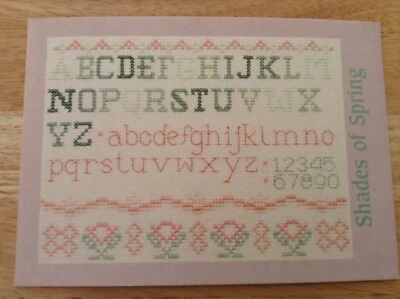 Shades of Spring counted cross stitch pattern card, linen & floss lot - Image 1 of 2