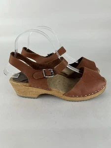 MIA Anja Swedish Clog Sandals Luggage Brown Leather Peep Toe Women's US 7.5 (38) - Picture 1 of 10