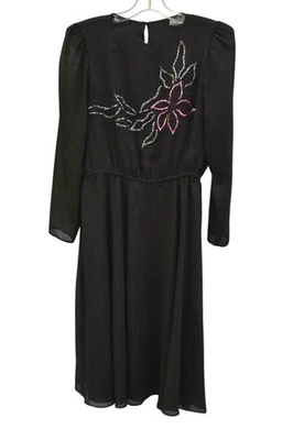 Vintage 80's Women's Black Chiffon Sequin Beaded Special Occasion Dress Size MP - Image 1 of 4