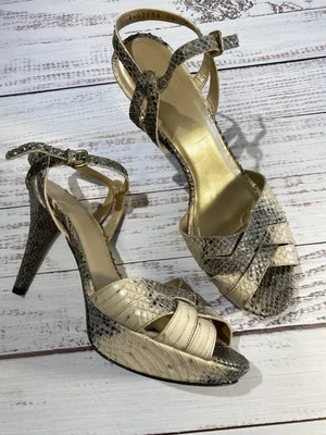 Stuart Weitzman Woman Shoe Snakeskin Strappy Peep Toe 5” Black/Ivory Shoes - Image 1 of 4