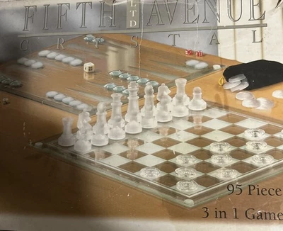 Fifth Avenue Crystal 3 in 1 Game Set Chess Checkers Backgammon Damaged Box - Image 1 of 3