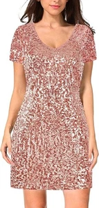 NWOT Women's Sequin Rose Gold Short Sleeve Dress Sexy V Neck Mini SZ XL - Picture 1 of 8