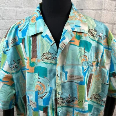 Camisa de acampamento masculina retrô Irvine Park 3XL botão para cima MCM azul estampa abstrata - Imagem 1 de 4