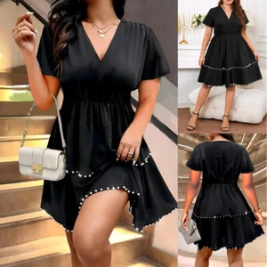 Plus Size Women V Neck Drill Mini Dress Summer Short Sleeve Cocktail Party Dress - Picture 1 of 15