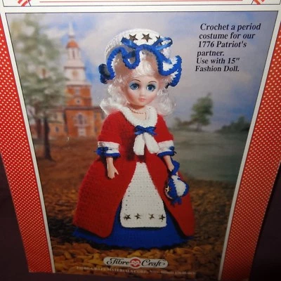 Betsy Ross Doll Dress Crochet Pattern 15" Fibre Craft 1989 FCM202 Heritage  - Image 1 of 4