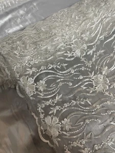1 mtr ivory floral embroided pearl scalloped bridal tulle net fabric 52” wide - Picture 1 of 6